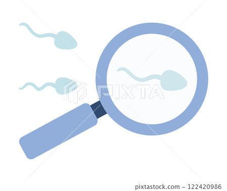 Sperm test analysis symbol. Spermatozoon and magnifying glass. Vector illustration in flat style. Sperm test analysis symbol. Spermatozoon and magnifying glass. Vector illustration in flat style. 122420986