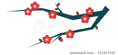 Sakura red cherry flower blossom, simple branch silhouette with petal. Spring pretty eastern decoration. 122421032