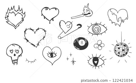 Psychedelic doodle heart barbed wire, with fire nd eye, graffiti groovy set. Retro tattoo grunge lucky ball, disko ball. Street sketch skull and fire vintage aesthetic. Psychedelic doodle heart barbed wire, with fire nd eye, graffiti groovy set. Retro tattoo grunge lucky ball, disko ball. Street sketch skull and fire vintage aesthetic. 122421034