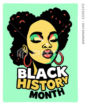 Black History Month. Bright portrait of young black woman in pop art style with lettering. Vector poster 122421372
