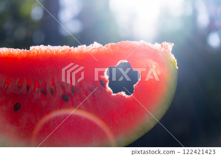 Summer seasonal food. Juicy red watermelon slice cut in flower shape outdoors summertime holidays sunbeams. Concept of enjoying the moment in fresh air. Sustainable calm lifestyle pastoral life Summer seasonal food. Juicy red watermelon slice cut in flower shape outdoors summertime holidays sunbeams. Concept of enjoying the moment in fresh air. Sustainable calm lifestyle pastoral life 122421423
