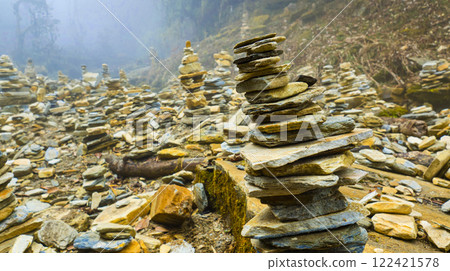 River Stacked Stones, Himalaya, Nepal, Asia River Stacked Stones, Himalaya, Nepal, Asia 122421578