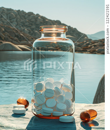 A bottle of pills on an abstract background. 122421591