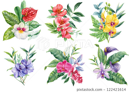 Paradise flower. Tropical summer flowers painted watercolor, isolated exotic jungle bouquet for nature-inspired designs 122421614