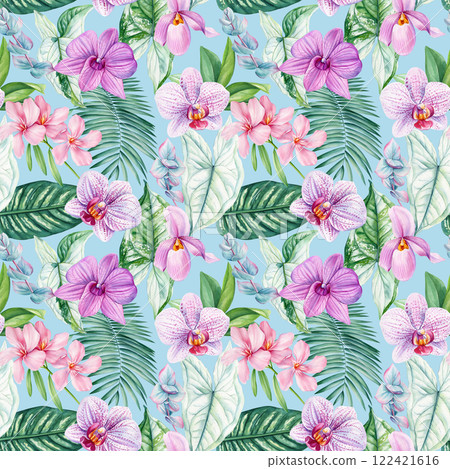 Lush seamless pattern tropical flowers, leaves greenery. Vibrant painted watercolor botanical design fabric wallpaper 122421616