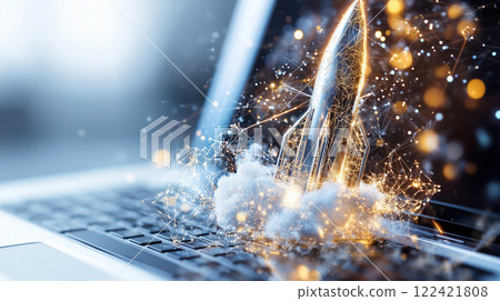 數位火箭從筆記型電腦起飛 | 象徵業務成長和技術創新的概念藝術 數位火箭從筆記型電腦起飛 | 象徵業務成長和技術創新的概念藝術 122421808
