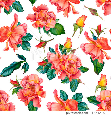 Seamless pattern featuring watercolor illustrations of red roses, buds and leaves on white background. Hand drawn illustration for Valentine's Day textile or packaging design, invitations, cards. Seamless pattern featuring watercolor illustrations of red roses, buds and leaves on white background. Hand drawn illustration for Valentine's Day textile or packaging design, invitations, cards. 122421890