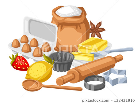 Background with bakery utensils. Cooking tools for home and recipe items. 122421910