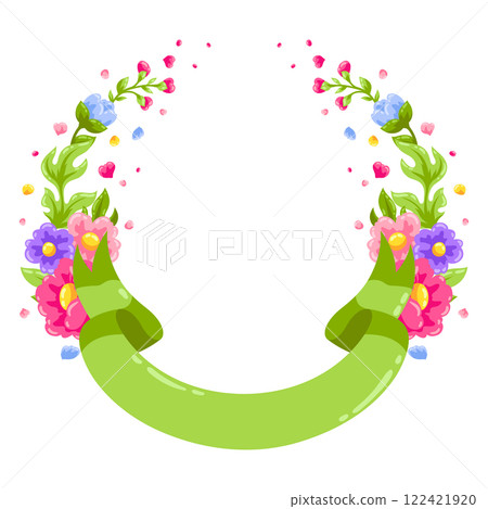 Background with flowers and ribbon. Beautiful decorative natural plants and leaves. Background with flowers and ribbon. Beautiful decorative natural plants and leaves. 122421920