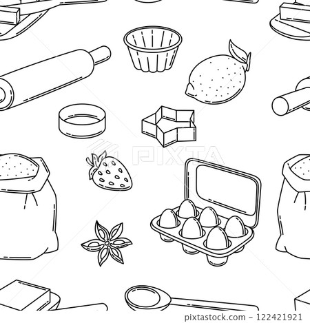 Pattern with bakery utensils. Cooking tools for home and recipe items. 122421921