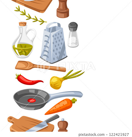 Pattern with kitchen utensils. Cooking tools for home and recipe items. 122421927