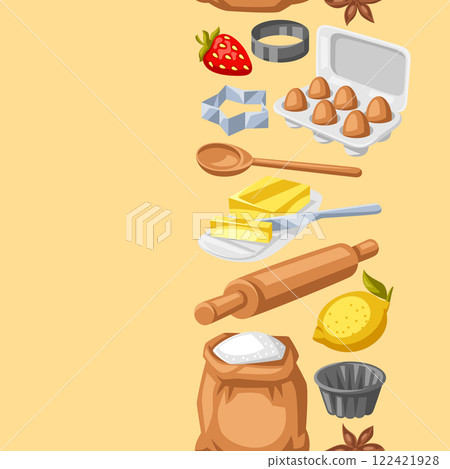 Pattern with bakery utensils. Cooking tools for home and recipe items. 122421928