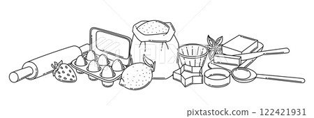 Background with bakery utensils. Cooking tools for home and recipe items. Background with bakery utensils. Cooking tools for home and recipe items. 122421931