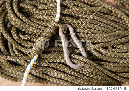 Carabiner and Rope. Grasping Oblique. Austrian Klemheist Knot. Climbing Nautical Applications. 122421946