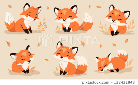 Set of cute foxes in cartoon style. Autumn leaves. Sticker set. Collection of vector illustrations. 122421948