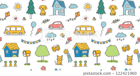 Cute doodle colorful chalk children's drawings seamless pattern. House, tree, cat, bus, car, dog on white background. Vector background. Cute doodle colorful chalk children's drawings seamless pattern. House, tree, cat, bus, car, dog on white background. Vector background. 122421960