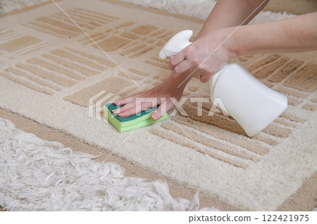 Close up of Woman Hands Cleaning Stain on Carpet. Cleaning Removing Old Stains from Carpet. Mock-up Plastic Spray Bottle for Chemical and Cleaning Solutions 122421975