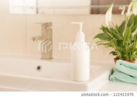 Washing of Hands, Mock up Bottle with Soap or Cream on white Sink, Green Plant. Eco Concept Hygiene 122421976