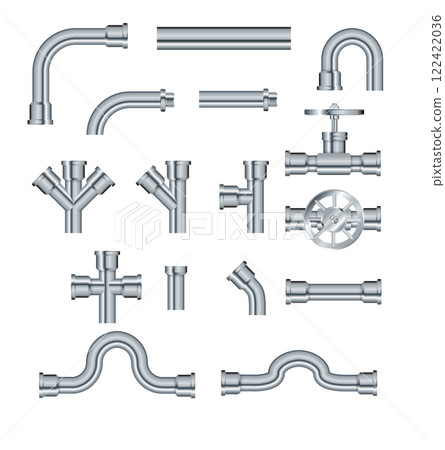 Pipe. Metallic pipes plumbing fittings. Industry pipeline. Vector 122422036