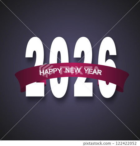 Poster with the text 2026 hidden with a wavy ribbon on a purple background, New Year card Poster with the text 2026 hidden with a wavy ribbon on a purple background, New Year card 122422052