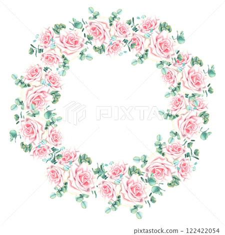 Watercolor floral wreath with pastel pink rose flowers and green eucalyptus leaves. Hand drawn botanical illustration on isolated background. Circle frame for greeting cards or wedding invitations. 122422054
