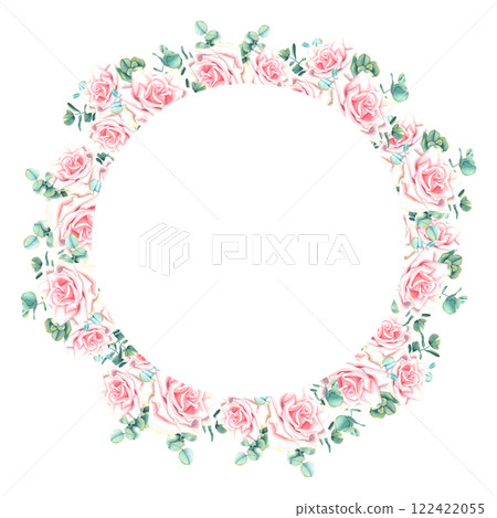 Watercolor floral wreath with pastel pink rose flowers and green eucalyptus leaves. Hand drawn botanical illustration on isolated background. Circle frame for greeting cards or wedding invitations. 122422055