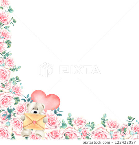 Corner floral frame with pastel pink rose flowers, green eucalyptus leaves and teddy bear with envelope. Watercolor hand drawn botanical illustration on isolated background. For greeting cards. Corner floral frame with pastel pink rose flowers, green eucalyptus leaves and teddy bear with envelope. Watercolor hand drawn botanical illustration on isolated background. For greeting cards. 122422057