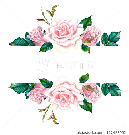 Botanical frame with rose flowers, green leaves and buds. Hand painted watercolor illustration on isolated background. Blank postcard with space for text. For summer floral design, wedding invitation. Botanical frame with rose flowers, green leaves and buds. Hand painted watercolor illustration on isolated background. Blank postcard with space for text. For summer floral design, wedding invitation. 122422062