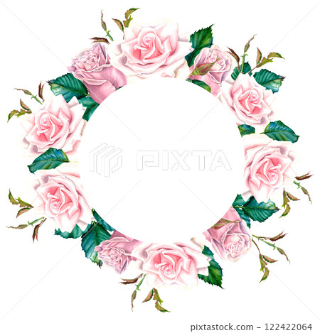 Watercolor floral wreath with pastel pink rose flowers, buds and green leaves. Hand drawn botanical illustration on isolated background. Circle frame for greeting cards or wedding invitations. 122422064