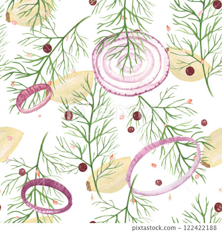 Garlic clove, dill, pepper, salt, onion rings watercolor seamless pattern isolated on white background, hand drawn for food design. Spice box, restaurant menu, packaging, wrapping paper decor and 122422188