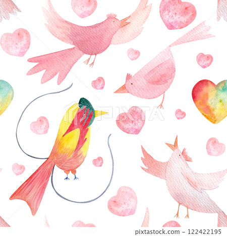 Birds of paradise fell in love cartoon characters, hearts hand painted watercolor seamless illustration isolated on white. Perfect for cards, children decor, wrapping paper, Saint Valentine. Love clip 122422195