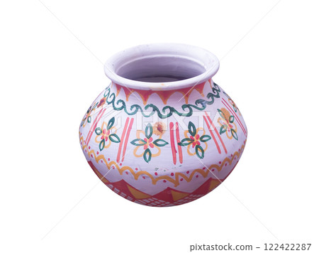 Colorful hand painted pottery vessel isolated on white background 122422287