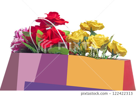 Colorful bouquet decorated in a vibrant gift bag, closeup Colorful bouquet decorated in a vibrant gift bag, closeup 122422313