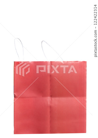 Red paper shopping bag with white handles on a white background Red paper shopping bag with white handles on a white background 122422314