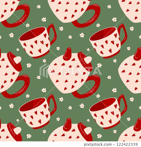 Seamless pattern with teapot and cup with red heart and daisy on green background in flat style. Perfect for home decor, textile and kitchen towel design. 122422339