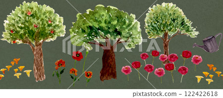 Trees, flowers, mushrooms, watering pot watercolor seamless pattern on green background. Watercolor sketch illustrations perfect for decor, tote bag, textile, stationary design, tape Trees, flowers, mushrooms, watering pot watercolor seamless pattern on green background. Watercolor sketch illustrations perfect for decor, tote bag, textile, stationary design, tape 122422618