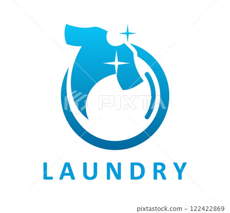 Laundry icon for laundromat or wash service symbol with T shirt and clean shine, vector emblem. Laundry or dry cleaning service icon of washing machine window with clothes and fresh washed shining 122422869