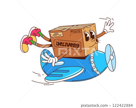 Cartoon groovy delivery cardboard box character flying on the airplane. Vector post service or express shipping retro personage deliver cargo by air. Isolated funny parcel, pack fly on vintage plane Cartoon groovy delivery cardboard box character flying on the airplane. Vector post service or express shipping retro personage deliver cargo by air. Isolated funny parcel, pack fly on vintage plane 122422884