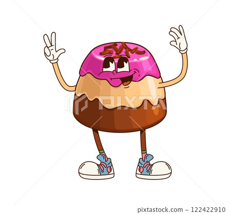 Groovy chocolate candy sweet character. Isolated cartoon vector lively praline confectionery dessert personage with a joyful expression and colorful layers, exudes playfulness with peace gun gesture Groovy chocolate candy sweet character. Isolated cartoon vector lively praline confectionery dessert personage with a joyful expression and colorful layers, exudes playfulness with peace gun gesture 122422910