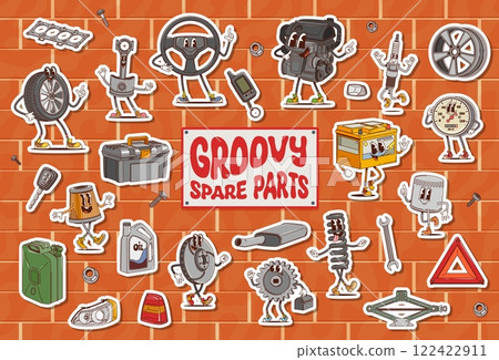 Cartoon groovy car spare parts characters stickers pack. Retro cute auto repair service vector personages. Groovy psychedelic engine, oil, wheel tire and rim, battery, piston, spark plug, speedometer 122422911