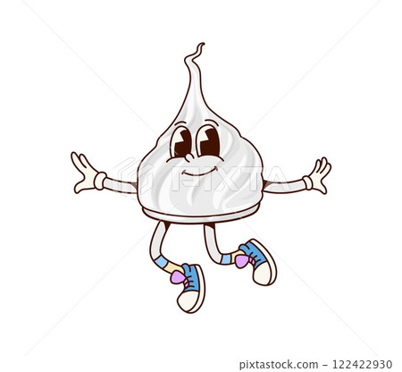 Bakery, sweet dessert groovy character. Funny meringue bakery showing a playful expression. Cartoon vector pastry personage wearing retro sneakers and striking a dancing pose, conveying a sense of joy 122422930