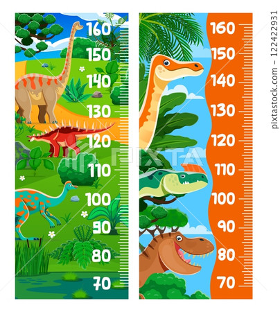 Kids height chart ruler with funny dinosaur characters. Vector growth meter, wall sticker for children height measurement with cartoon dino species in lush jungle forest landscape and centimeter scale 122422931