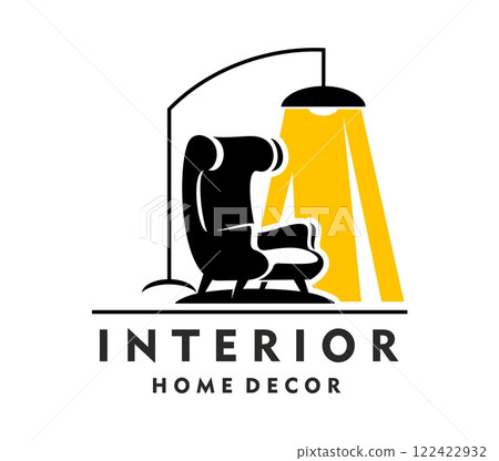 Home interior icon showcasing a stylish armchair with a glowing floor lamp in minimal flat style. Isolated vector emblem for home decor brands or interior design services evoke elegance and comfort 122422932