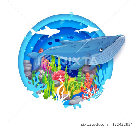 Paper cut sea landscape with cartoon whale on coral reef bottom vector background. Funny blue whale sea animal character, fish, shark and dolphin silhouettes in 3d paper cut round frame with seaweeds Paper cut sea landscape with cartoon whale on coral reef bottom vector background. Funny blue whale sea animal character, fish, shark and dolphin silhouettes in 3d paper cut round frame with seaweeds 122422934
