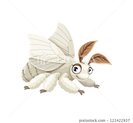 Cartoon funny silkworm butterfly insect character. Isolated vector playful white fluffy moth, silk worm pest, Bombyx mori species personage with large eyes and friendly smile. Cute silkworm butterfly Cartoon funny silkworm butterfly insect character. Isolated vector playful white fluffy moth, silk worm pest, Bombyx mori species personage with large eyes and friendly smile. Cute silkworm butterfly 122422937