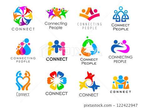 Community connect people together icons, union and family, teamwork and support vector symbols. Abstract color human silhouettes holding hands, hugging, making heart, circle and flower shapes 122422947