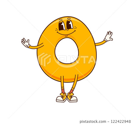 Groovy math number 0 cartoon character with funny face and happy smile, vector numeral. Groovy number 0 or Zero numeral for mathematics emoji, kids comic font or equation cartoon character 122422948