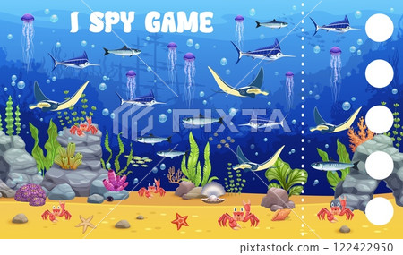 I spy game kids game worksheet with funny sea underwater animals. Calculation quiz, counting I spy puzzle vector worksheet with manta ray, marlin swordfish, jellyfish and crab, sea shell, seaweeds I spy game kids game worksheet with funny sea underwater animals. Calculation quiz, counting I spy puzzle vector worksheet with manta ray, marlin swordfish, jellyfish and crab, sea shell, seaweeds 122422950
