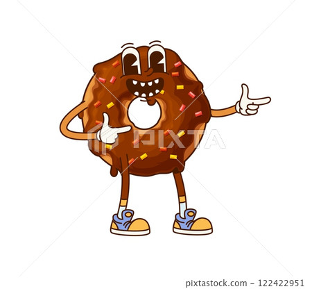 Cartoon fast food donut groovy character. Street cafe dessert childish cartoon hippie personage, donut sweet pastry or takeaway menu meal cute funky isolated vector mascot or happy groovy character Cartoon fast food donut groovy character. Street cafe dessert childish cartoon hippie personage, donut sweet pastry or takeaway menu meal cute funky isolated vector mascot or happy groovy character 122422951
