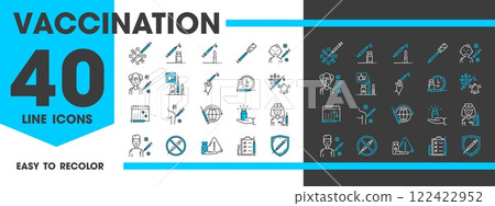 Vaccination line icons of vaccine syringes for flu, corona or covid viruses, vector medicine and health care. Vaccine doses, epidemic disease prevention schedule, certificate, nurse and shield signs Vaccination line icons of vaccine syringes for flu, corona or covid viruses, vector medicine and health care. Vaccine doses, epidemic disease prevention schedule, certificate, nurse and shield signs 122422952